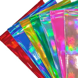 Lledr ffug iridescent laser holograffig pu diddosol cyfanwerthol ar gyfer gwneud dillad